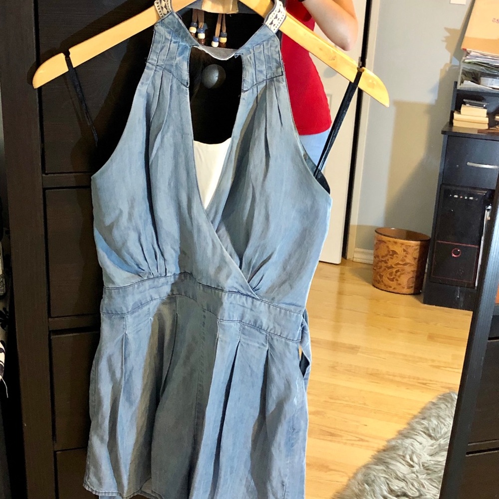 Bebe denim halter romper w/ crochet detail halter